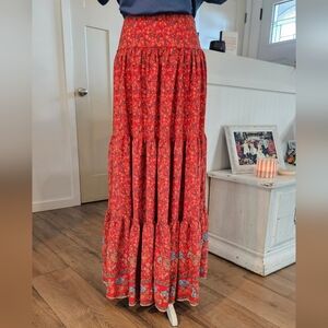 Very Lightly Worn- NATURAL LIFE - Blue Floral On Red Layered Long Skirt - Size L